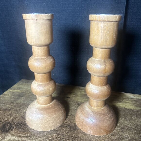 Wood Candlestick Holders Set of 2- 8” Natural Farmhouse Rustic Rounded Design - Picture 5 of 11